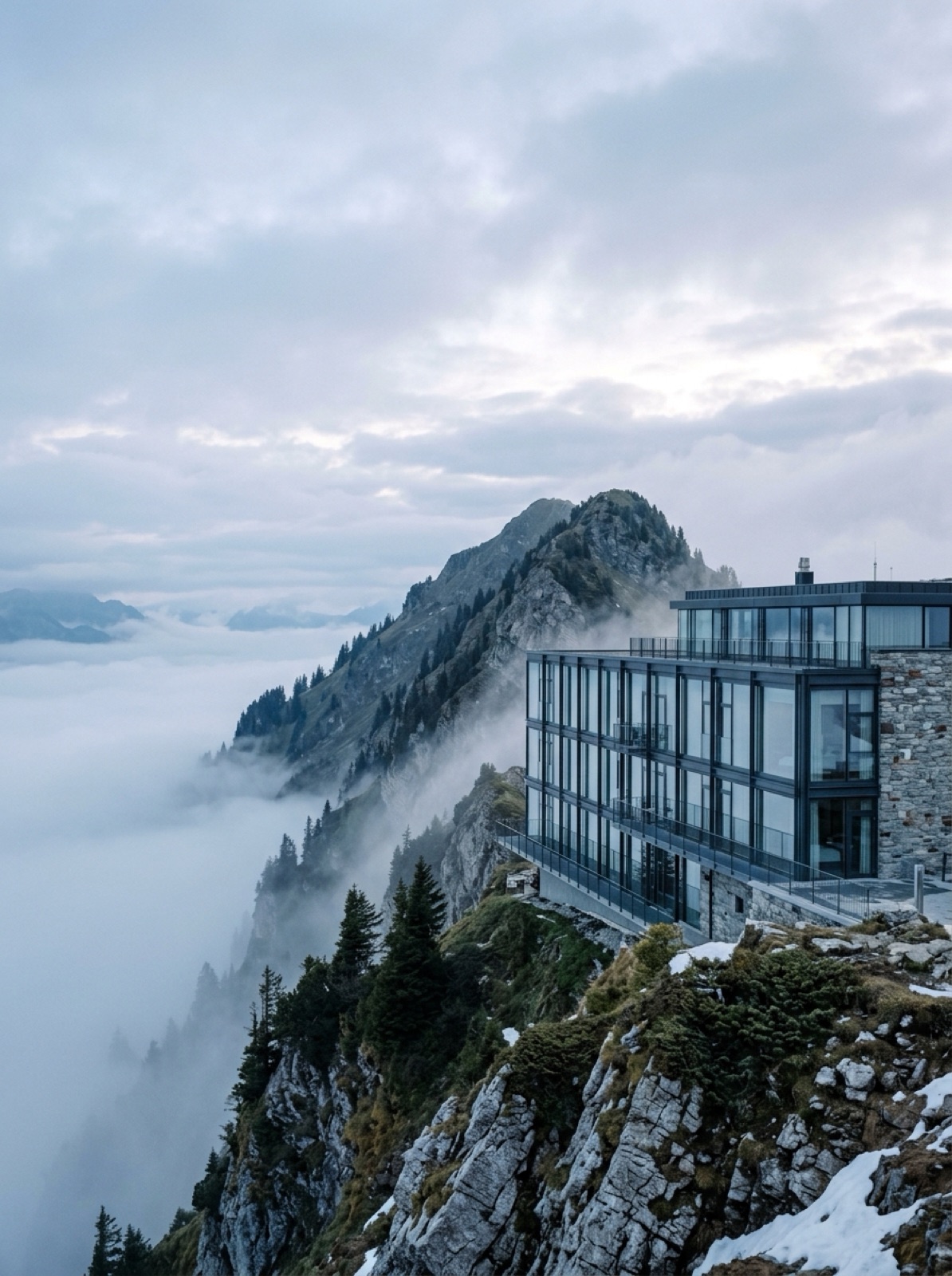 Glass-fronted mountain hotel on a ridge in soft morning fog