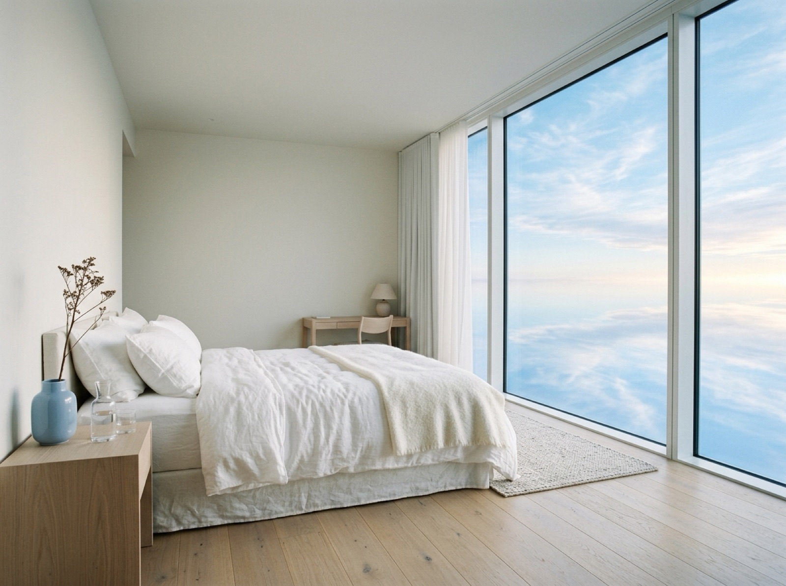 White minimalist suite with a panoramic window full of sky