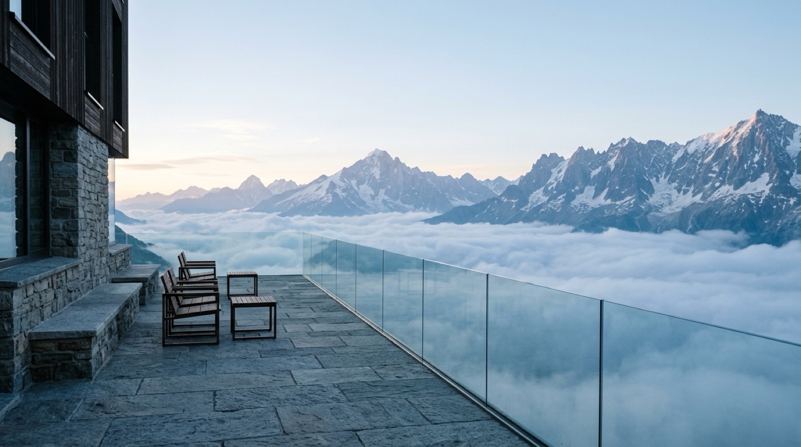 Stone terrace of a mountain hotel above a sea of clouds at dawn